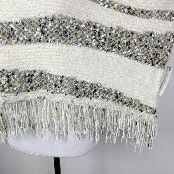 Moth | Anthropologie NWT White Soft Chunky Knit Metallic Stripe Fringe Sweater - Picture 7 of 12